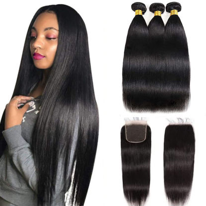 Picture of Brazilian Straight Hair 3 Bundles with Lace Closure（24 26 28+22 Free Part Closure）Virgin Human Hair Weave 100% Unprocessed Straight Human Hair Bundles with Closure