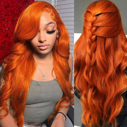 Picture of Loyom Ginger 28 Inch Lace Front Wigs Human Hair Pre Plucked 13x4 Colored Ginger Human Hair Lace Front Wigs 180% Density Body Wave Frontal Wig Orange Ginger HD Transparent Lace Front Wigs Human Hair