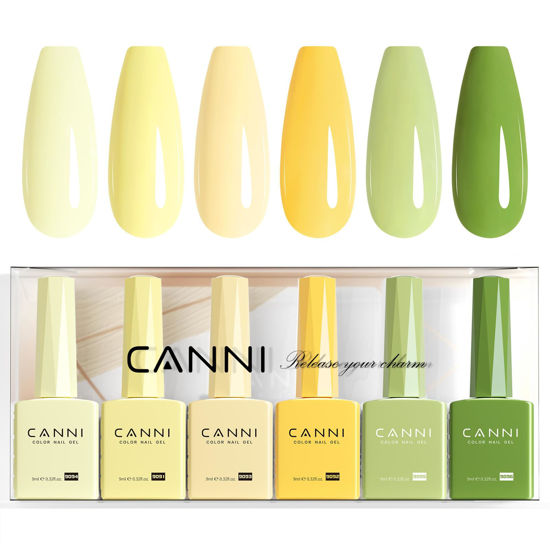 Picture of CANNI 6 Colors 9 ML Hema-Free Pastel Yellow Green Gel Nail Polish Set, Sage Forest Lime Green Pale Yellow Gel Polish Kit, Soak Off LED Nail Gel Manicure Kit DIY at Home Salon Gifts
