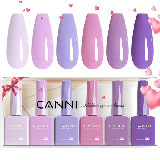 Picture of CANNI 6 Colors 9 ML Hema-Free Light Purple Gel Nail Polish Set, Lavender Purple Gel Polish Kit, Soak Off LED Nail Gel Manicure Kit DIY at Home Salon Gifts