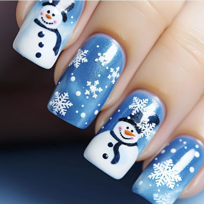 Picture of Christmas Press on Nails Medium Square Fake Nails with Cute Xmas Snowflake & Snowman Designs Winter Blue Glossy False Nails Full Cover Acrylic Nails Stick on Nails for Women Xmas Nails Decor 24 Pcs