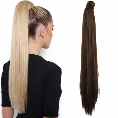 Picture of SEIKEA 28 Inch Clip in Ponytail Extension Wrap Around Long Straight Pony Tail Hair Synthetic Hairpiece for Women Dark Brown with Copper Highlights