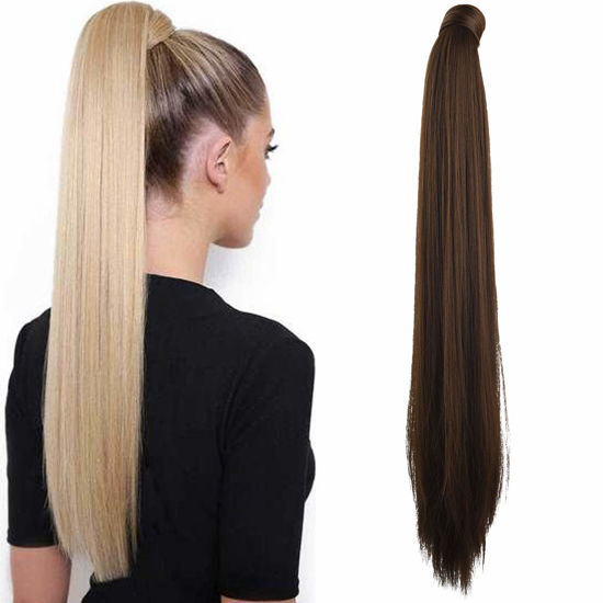 Picture of SEIKEA 28 Inch Clip in Ponytail Extension Wrap Around Long Straight Pony Tail Hair Synthetic Hairpiece for Women Dark Brown with Copper Highlights