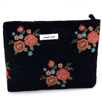 Picture of ZLFSRQ Makeup Bag Travel Cute Black Vintage Flower Floral Cosmetic Bags for Women Large Embroidery Makeup Pouch Zipper Cosmetic Pouch for Purse Aesthetic Makeup Organizer Bag Portable Toiletry Bag