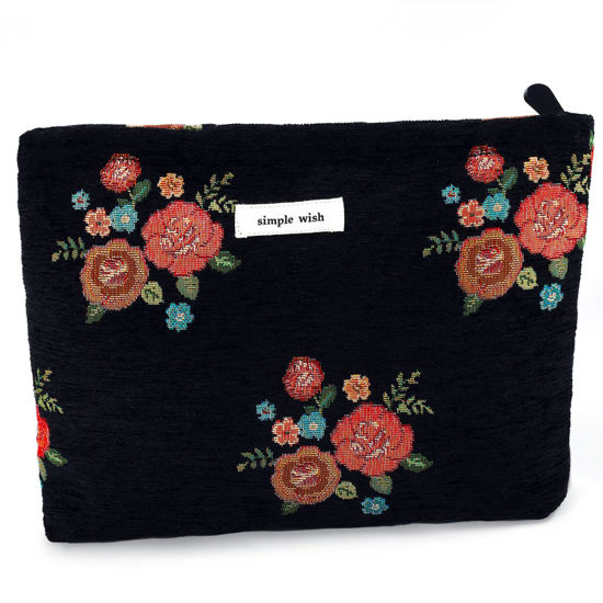 Picture of ZLFSRQ Makeup Bag Travel Cute Black Vintage Flower Floral Cosmetic Bags for Women Large Embroidery Makeup Pouch Zipper Cosmetic Pouch for Purse Aesthetic Makeup Organizer Bag Portable Toiletry Bag