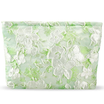 Picture of ZLFSRQ Flower Makeup Bag for Women Girls Teens Travel Cute Floral Cosmetic Bags Large Zipper Cosmetic Pouch for Purse Portable Toiletry Bag Aesthetic Embossed Green Makeup Brushes Storage Organizer