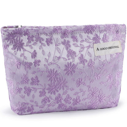 Picture of ZLFSRQ Daisy Flower Makeup Bag Travel Cute Floral Cosmetic Bags for Women Large Makeup Pouch Zipper Cosmetic Pouch for Purse Aesthetic Embroidery Purple Makeup Organizer Bag Portable Toiletry Bag