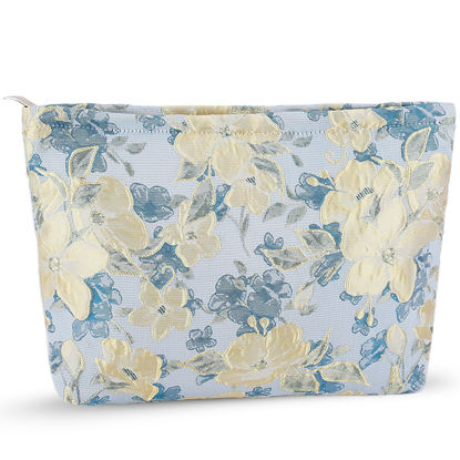 Picture of ZLFSRQ Flower Makeup Bag for Women Girls Travel Cute Floral Cosmetic Bags Large Cosmetic Pouch Purse with Zipper Portable Toiletry Bag Aesthetic Embossed Blue Beige Makeup Brushes Storage Organizer