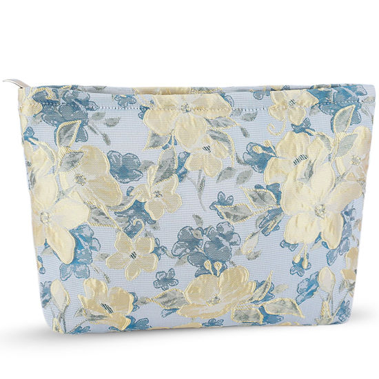Picture of ZLFSRQ Flower Makeup Bag for Women Girls Travel Cute Floral Cosmetic Bags Large Cosmetic Pouch Purse with Zipper Portable Toiletry Bag Aesthetic Embossed Blue Beige Makeup Brushes Storage Organizer