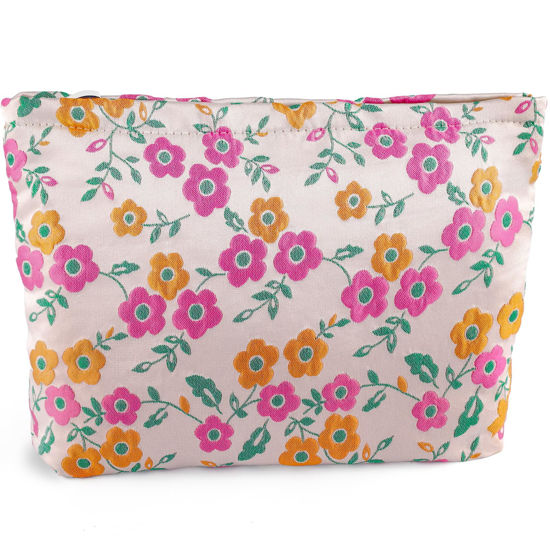 Picture of ZLFSRQ Daisy Flower Makeup Bag Travel Cute Floral Cosmetic Bags for Women Large Makeup Pouch Zipper Cosmetic Pouch for Purse Aesthetic Makeup Organizer Bag Portable Toiletry Bag (Orange and Pink)
