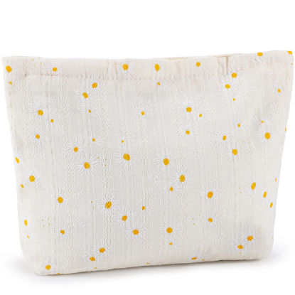 Picture of ZLFSRQ Daisy Flower Makeup Bag Travel Cute Floral Cosmetic Bags for Women Large White Makeup Pouch Zipper Cosmetic Pouch for Purse Aesthetic Makeup Organizer Bag Portable Toiletry Bag