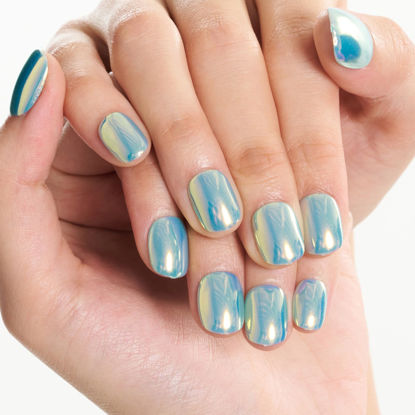 Picture of GLAMERMAID Press on Nails Extra Short Squoval, Spring Summer Handmade Peacock Blue Chrome Gel Glue on Nails, 24Pcs Glossy Round Reusable UV Finish Fake Nails Acrylic False Nail Manicure Kit for Women