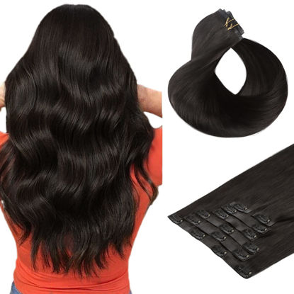 Picture of HOTBANANA Clip in Hair Extensions 20 inch 150g 7pcs Natural Black Clip in Remy Human Hair Extensions Straight Hair Invisi Edge Clip Hair Full Head