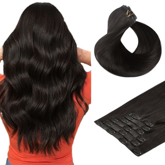 Picture of HOTBANANA Clip in Hair Extensions 20 inch 150g 7pcs Natural Black Clip in Remy Human Hair Extensions Straight Hair Invisi Edge Clip Hair Full Head