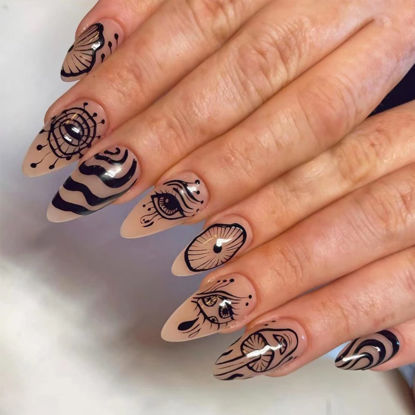 Picture of YOSOMK Devil's Eye Press on Nails Medium Length Nude Almond Fake Nails Full Cover Glossy Stick on Nails Acrylic Artificial False Nails for Women