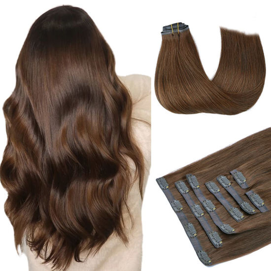 Picture of HOTBANANA Clip in Hair Extensions 18 inch 130g 7pcs Chocolate Brown Clip in Remy Human Hair Extensions Straight Hair Invisi Edge Clip Hair Full Head