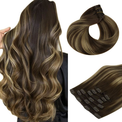 Picture of HOTBANANA Human Hair Clip in Hair Extensions, Balayage Chocolate Brown Mixed Caramel Blonde 120g Clip in Hair Extensions Real Human Hair Straight Remy Hair Clip Ins Dark Roots Ombre 20 Inch 7pcs