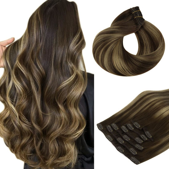 Picture of HOTBANANA Human Hair Clip in Hair Extensions, Balayage Chocolate Brown Mixed Caramel Blonde 120g Clip in Hair Extensions Real Human Hair Straight Remy Hair Clip Ins Dark Roots Ombre 20 Inch 7pcs