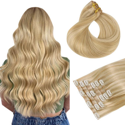 Picture of HOTBANANA Clip in Hair Extensions 20 inch 150g 7pcs Dirty Blonde Highlighted Bleach Blonde Clip in Remy Human Hair Extensions Straight Hair Invisi Edge Clip Hair Full Head