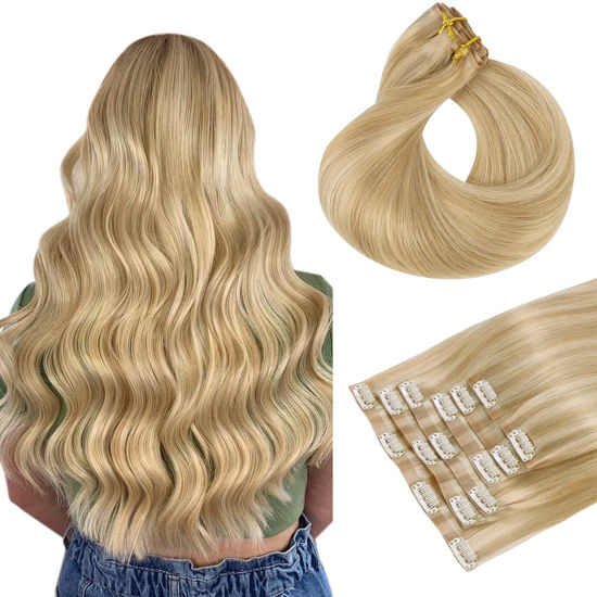 Picture of HOTBANANA Clip in Hair Extensions 20 inch 150g 7pcs Dirty Blonde Highlighted Bleach Blonde Clip in Remy Human Hair Extensions Straight Hair Invisi Edge Clip Hair Full Head