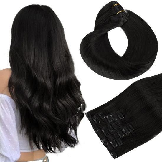 Picture of HOTBANANA Human Hair Clip in Hair Extensions, Jet Black 120g Clip in Hair Extensions Real Human Hair Straight Remy Hair Clip in Hair Extensions 16 Inch 7pcs