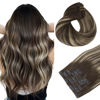 Picture of HOTBANANA Human Hair Clip in Hair Extensions, Balayage Natural Black to Light Blonde 120g Clip in Hair Extensions Real Human Hair Straight Remy Hair Clip Ins Dark Roots Ombre 18 Inch 7pcs