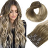 Picture of HOTBANANA Human Hair Clip in Hair Extensions, Ombre Walnut Brown to Ash Brown and Bleach Blonde 120g Clip in Hair Extensions Real Human Hair Straight Remy Hair Clip Ins 22 Inch 7pcs