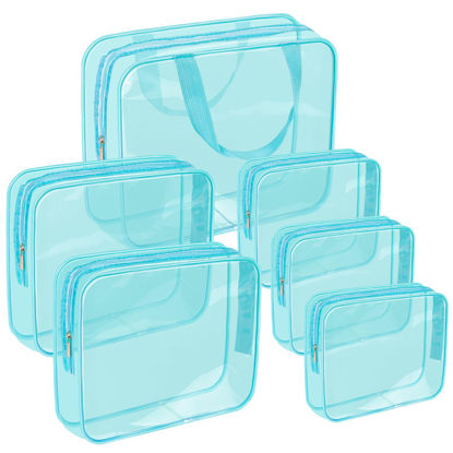 Picture of APREUTY Clear Makeup Bags, TSA Approved 6 Pcs Cosmetic Makeup Bags Set Clear PVC with Zipper Handle Portable Travel Luggage Pouch Airport Airline Vacation Organization(Light Blue)