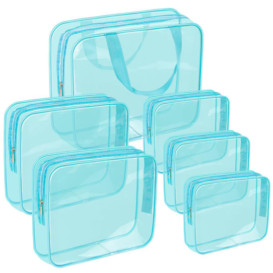 Picture of APREUTY Clear Makeup Bags, TSA Approved 6 Pcs Cosmetic Makeup Bags Set Clear PVC with Zipper Handle Portable Travel Luggage Pouch Airport Airline Vacation Organization(Light Blue)