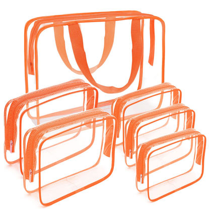 Picture of APREUTY Clear Makeup Bags, TSA Approved 6 Pcs Cosmetic Makeup Bags Set Clear PVC with Zipper Handle Portable Travel Luggage Pouch Airport Airline Vacation Organization (Orange)
