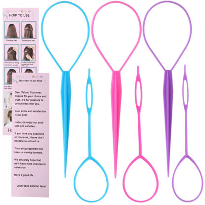 Picture of Schembo Topsy Tail Hair Tool 6pcs Hair Loop Styling Tool Set, 3 Colors Ponytail Hair Pull Through Tool, Two Sizes of Topsy Turvy Hair Tool for Women,Girls and Kids, Hair Flip Tool (pink/purple/blue)