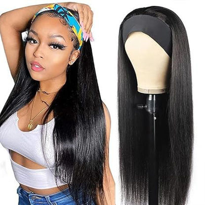 Picture of ISEE 10A Headband Wig Straight Human Hair Wigs for Black Women 180% Density Brazilian Virgin Hair Machine Made Headband Wig Non Lace Front Human Hair Wigs 18 inch