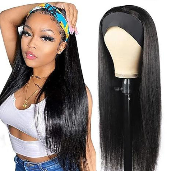 Picture of ISEE 10A Headband Wig Straight Human Hair Wigs for Black Women 180% Density Brazilian Virgin Hair Machine Made Headband Wig Non Lace Front Human Hair Wigs 18 inch