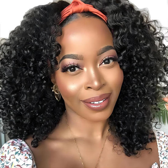 Picture of ISEE Headband Wig Human Hair Kinky Curly Human Hair Wigs for Black Women Glueless None Lace Front Wigs 180% Density 16inch