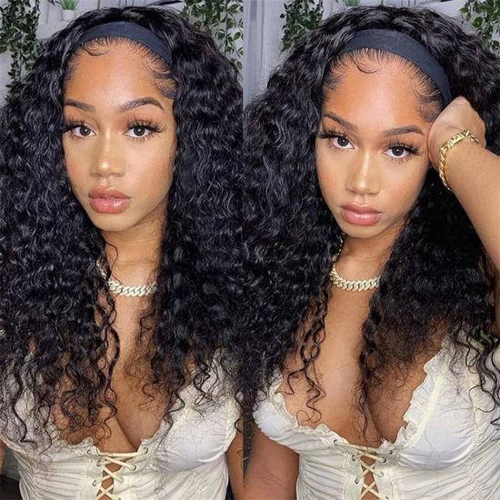 Picture of ISEE Hair Headband Human Hair Wigs 180% Density Water Wave Curly None Lace Front Wigs for Black Women Glueless Deep Wave Machine Made Wigs 22Inch