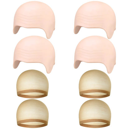 Picture of Bouiexye 8 PCS Halloween Makeup Latex Bald Cap Think Bald Caps for Halloween Theme Party Cosplay for adults Women Men Bald Head Wig Cap Bald Hat Costume Accessory