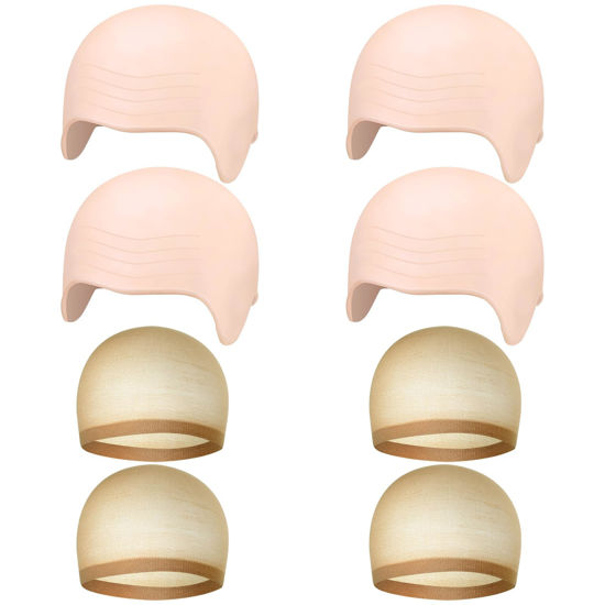 Picture of Bouiexye 8 PCS Halloween Makeup Latex Bald Cap Think Bald Caps for Halloween Theme Party Cosplay for adults Women Men Bald Head Wig Cap Bald Hat Costume Accessory