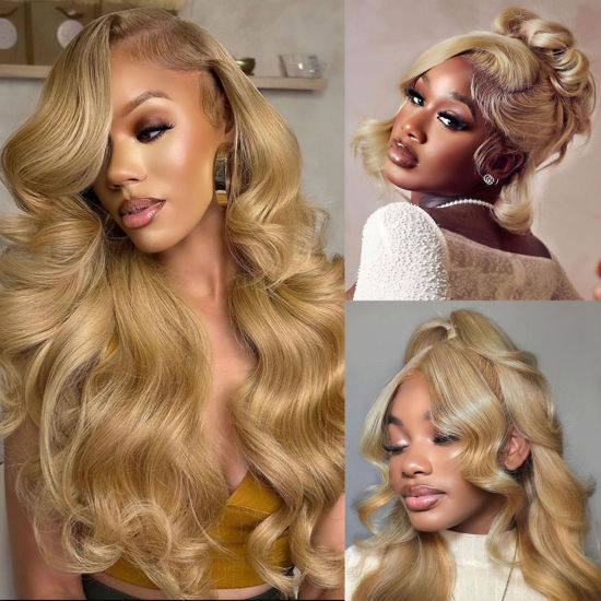 Picture of Ruaswey 26 Inch Honey Blonde Wig Human Hair 13x4 Lace Front Wigs Human Hair Colored Frontal Wigs Human Hair Honey Blonde Body Wave Human Hair Wig Pre Plucked 200 Density HD Lace Wig Human