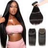 Picture of Selina Straight Bundles With Closure,3 Bundles And Closure Human Hair Straight,Free Part Closure,Unprocessed Human Hair Bundles With Lace Closure (16“ 18“20“with 14" Closure, Straight 3+1)
