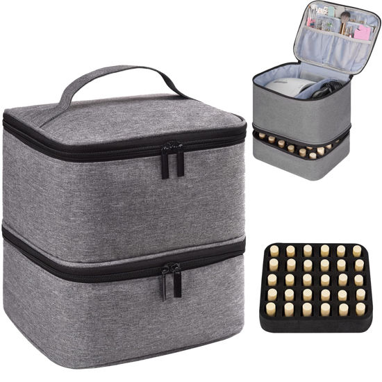 Picture of Nail Polish Organizer Holds 30 Bottles (15ml) and 1 Nail Light Nail Polish Carrying Case with Storage Pockets for Manicure Tools Double Layer Nail Polish Storage Travel Bag with Handle (A-Gray)