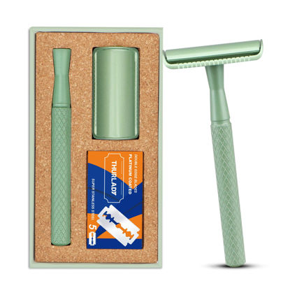Picture of THURLADY Double Edge Safety Razor for Women, Single Blade Razors for Women, Reusable 1 Blade Razors for Women, Double Edge Razor with 5 Safety Razor Blades, Metal Razor, Smooth Shaving, Forest Green