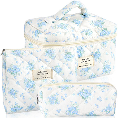 Picture of URSKYTOUS 3Pcs Cotton Quilted Makeup Bag for Women Girls Large Small Travel Floral Cosmetic Bags Set Cute Coquette Zipper Makeup Pouch for Purse Aesthetic Cloth Flower Storage Toiletry Bag Organizer