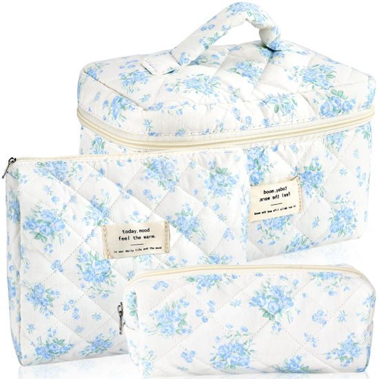 Picture of URSKYTOUS 3Pcs Cotton Quilted Makeup Bag for Women Girls Large Small Travel Floral Cosmetic Bags Set Cute Coquette Zipper Makeup Pouch for Purse Aesthetic Cloth Flower Storage Toiletry Bag Organizer