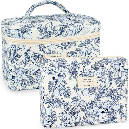 Picture of URSKYTOUS 2Pcs Cotton Quilted Makeup Bag for Women Girls Floral Travel Large Small Cosmetic Bag Set Cute Vintage Flower Makeup Pouch Portable Toiletry Bag Organizer Coquette Aesthetic Makeup Brush Bag