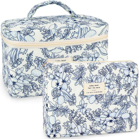 Picture of URSKYTOUS 2Pcs Cotton Quilted Makeup Bag for Women Girls Floral Travel Large Small Cosmetic Bag Set Cute Vintage Flower Makeup Pouch Portable Toiletry Bag Organizer Coquette Aesthetic Makeup Brush Bag