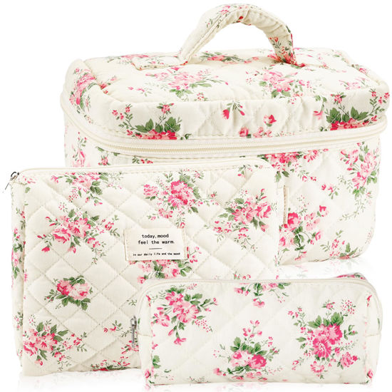 Picture of URSKYTOUS 3Pcs Cotton Quilted Makeup Bag for Women Girls Large Small Travel Pink Floral Cosmetic Bags Set Cute Coquette Makeup Pouch for Purse Aesthetic Cloth Flower Storage Toiletry Bag Organizer