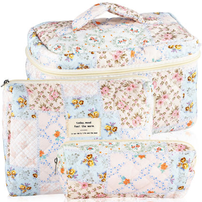 Picture of URSKYTOUS 3Pcs Cotton Quilted Makeup Bag for Women Girls Large Small Travel Floral Cosmetic Bags Set Cute Coquette Makeup Pouch for Purse Aesthetic Cloth Bee&Flower Storage Toiletry Bag Organizer