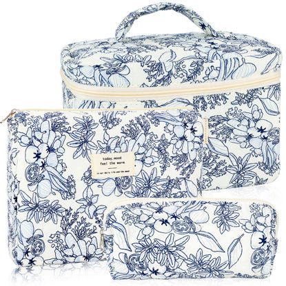 Picture of URSKYTOUS 3Pcs Cotton Quilted Makeup Bag for Women Girls Large Small Travel Black Floral Cosmetic Bags Set Cute Coquette Makeup Pouch for Purse Aesthetic Cloth Flower Storage Toiletry Bag Organizer