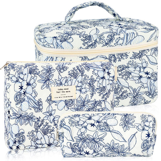 Picture of URSKYTOUS 3Pcs Cotton Quilted Makeup Bag for Women Girls Large Small Travel Black Floral Cosmetic Bags Set Cute Coquette Makeup Pouch for Purse Aesthetic Cloth Flower Storage Toiletry Bag Organizer