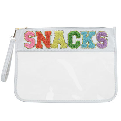 Picture of Siwara Snack Bags Clear Pouch Travel Makeup Bag Chenille Letter Bags for Zipper Pouch Clear Cosmetic Bag Clear Tote Bag Makeup Travel Bag for Women (White-Snacks)